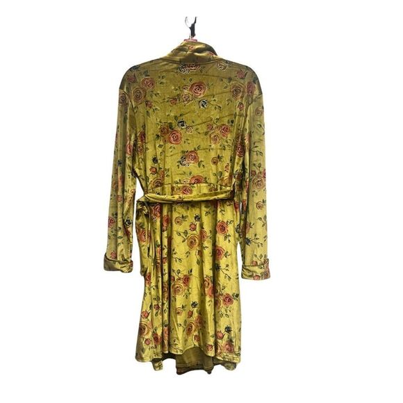 Unique Vintage Chartreuse Red Rose Velvet Wrap Dress - Picture 3 of 12